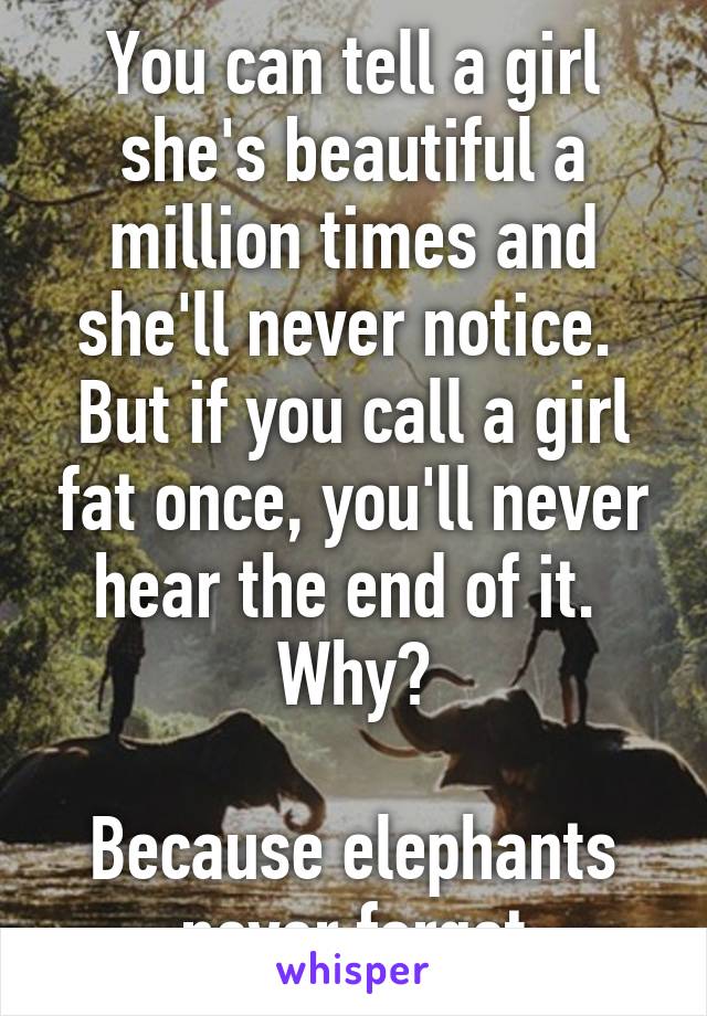 You can tell a girl she's beautiful a million times and she'll never notice.  But if you call a girl fat once, you'll never hear the end of it. 
Why?

Because elephants never forget