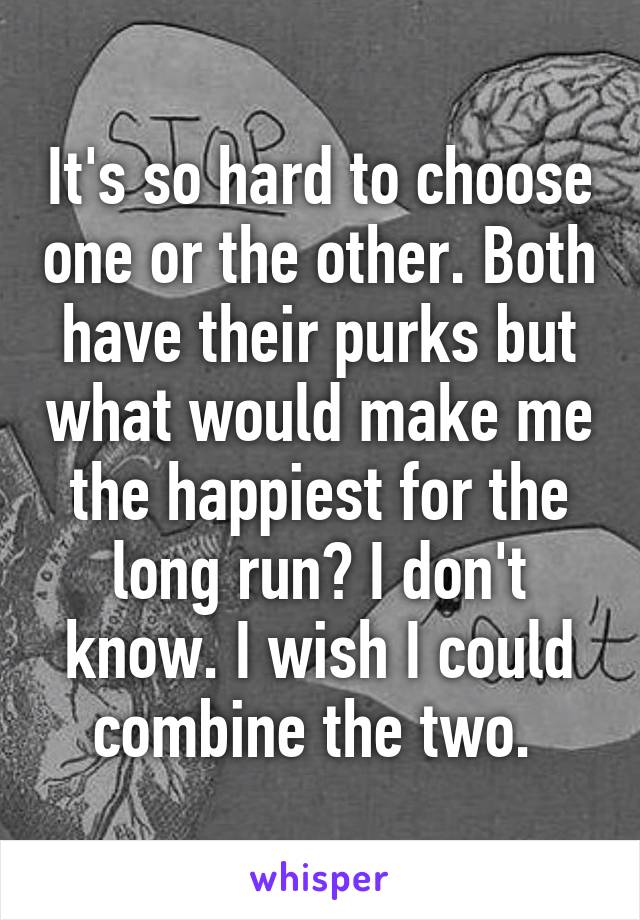 It's so hard to choose one or the other. Both have their purks but what would make me the happiest for the long run? I don't know. I wish I could combine the two. 