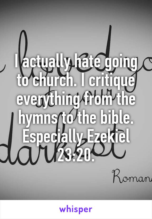 I actually hate going to church. I critique everything from the hymns to the bible. Especially Ezekiel 23:20.