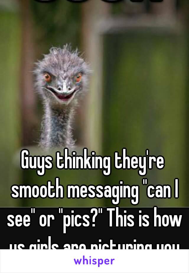 Guys thinking they're smooth messaging "can I see" or "pics?" This is how us girls are picturing you