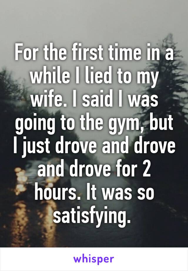 For the first time in a while I lied to my wife. I said I was going to the gym, but I just drove and drove and drove for 2 hours. It was so satisfying. 