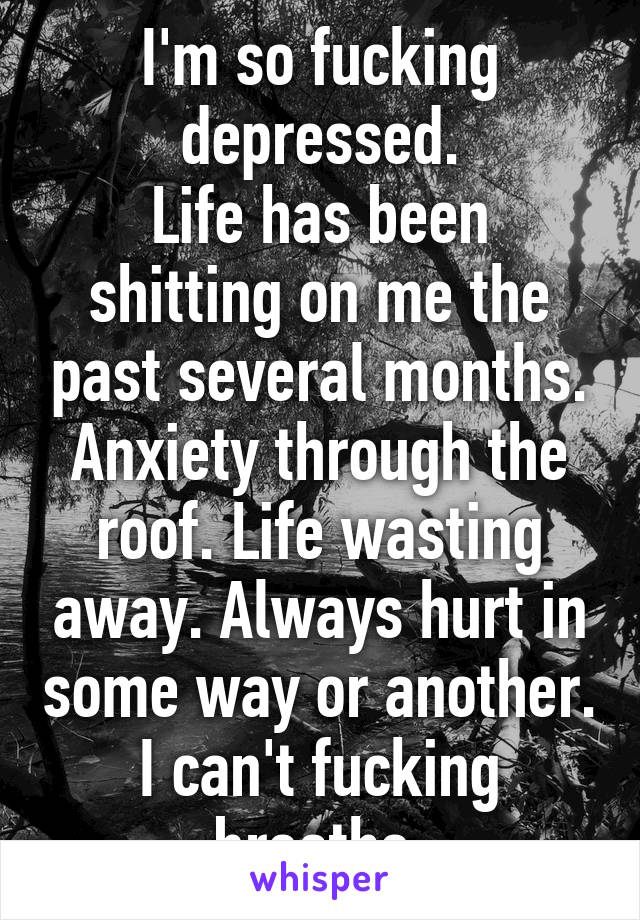 I'm so fucking depressed.
Life has been shitting on me the past several months.
Anxiety through the roof. Life wasting away. Always hurt in some way or another.
I can't fucking breathe.