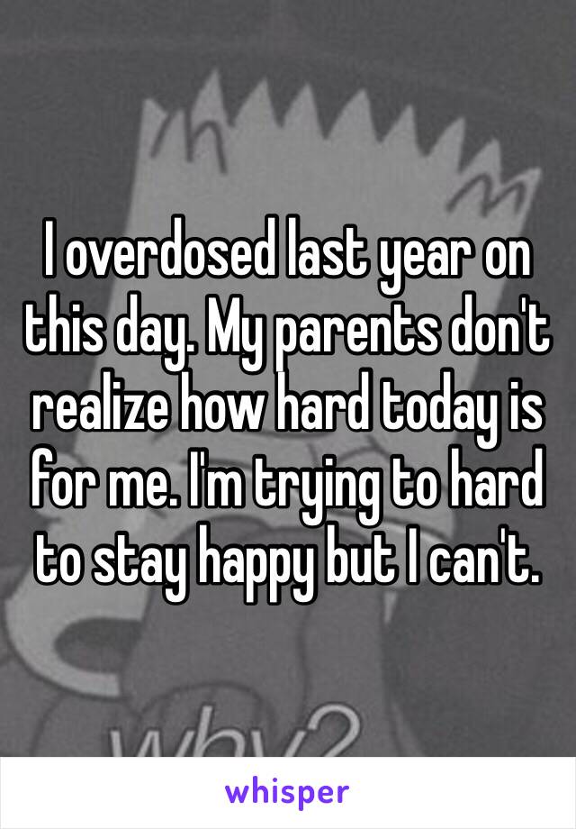 I overdosed last year on this day. My parents don't realize how hard today is for me. I'm trying to hard to stay happy but I can't. 