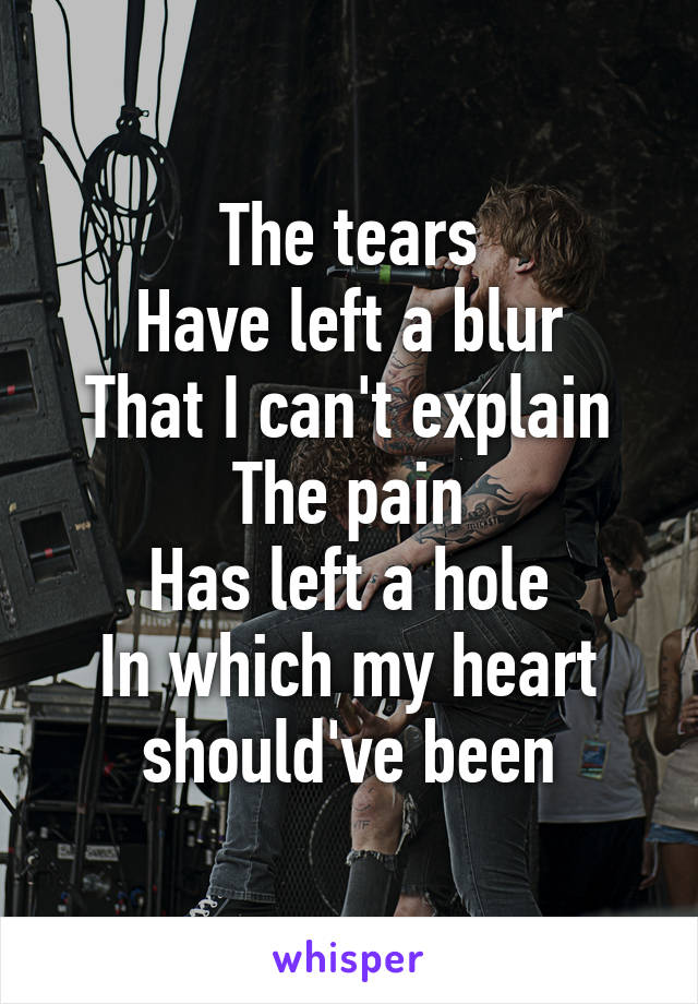 The tears
Have left a blur
That I can't explain
The pain
Has left a hole
In which my heart should've been