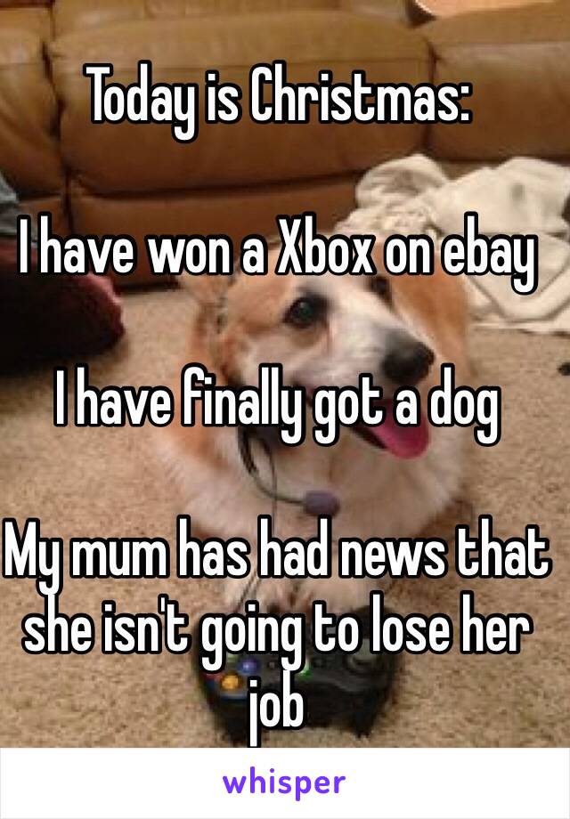 Today is Christmas:

I have won a Xbox on ebay

I have finally got a dog

My mum has had news that she isn't going to lose her job