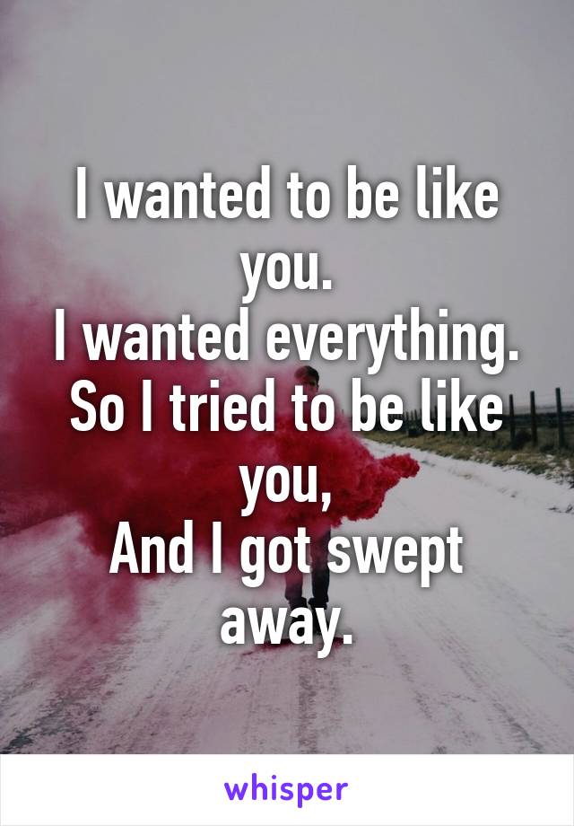 I wanted to be like you.
I wanted everything.
So I tried to be like you,
And I got swept away.