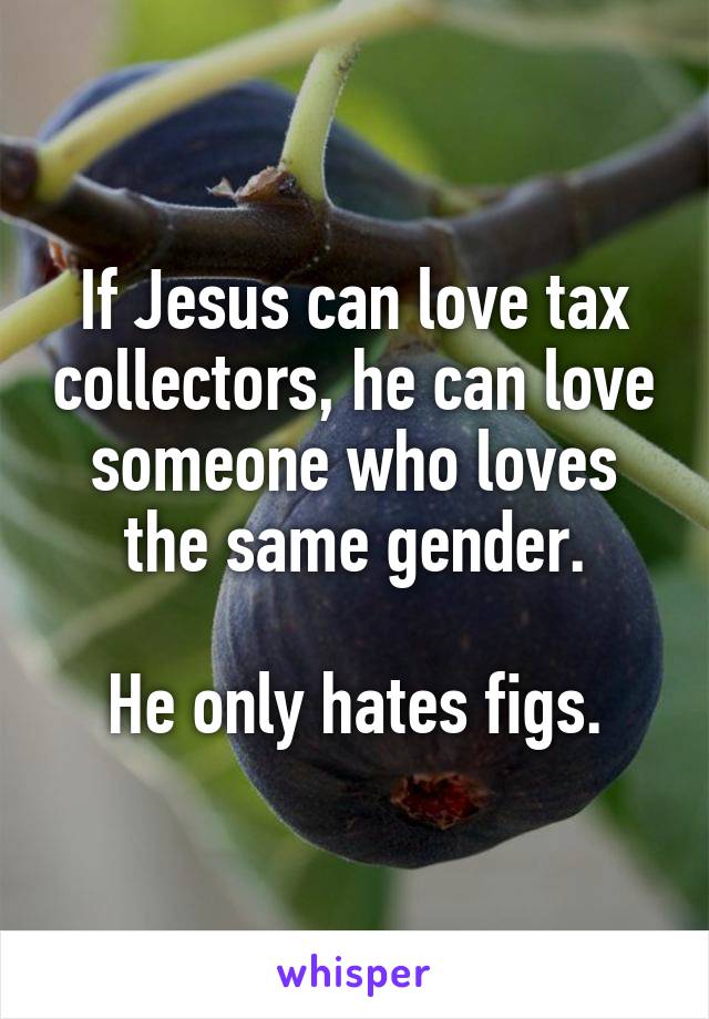If Jesus can love tax collectors, he can love someone who loves the same gender.

He only hates figs.