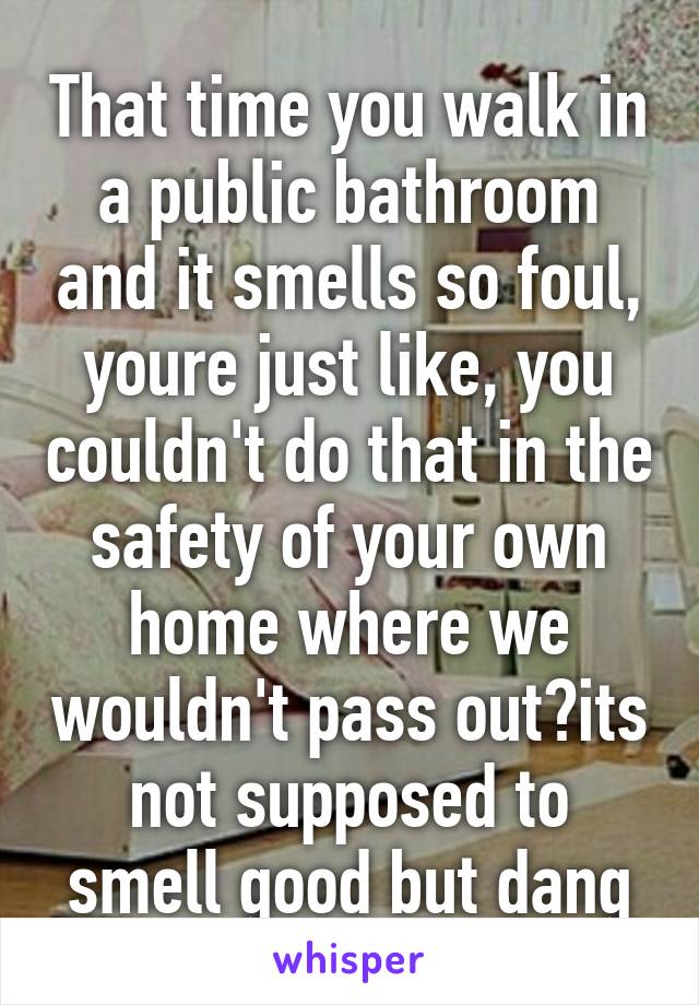 That time you walk in a public bathroom and it smells so foul, youre just like, you couldn't do that in the safety of your own home where we wouldn't pass out?its not supposed to smell good but dang