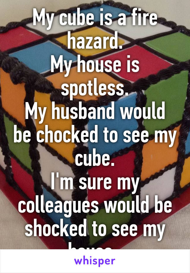 My cube is a fire hazard.
My house is spotless.
My husband would be chocked to see my cube.
I'm sure my colleagues would be shocked to see my house. 