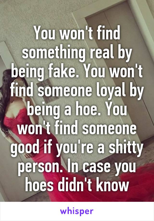 You won't find something real by being fake. You won't find someone loyal by being a hoe. You won't find someone good if you're a shitty person. In case you hoes didn't know