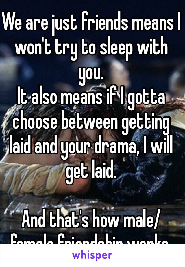 We are just friends means I won't try to sleep with you. 
It also means if I gotta choose between getting laid and your drama, I will get laid. 

And that's how male/female friendship works.