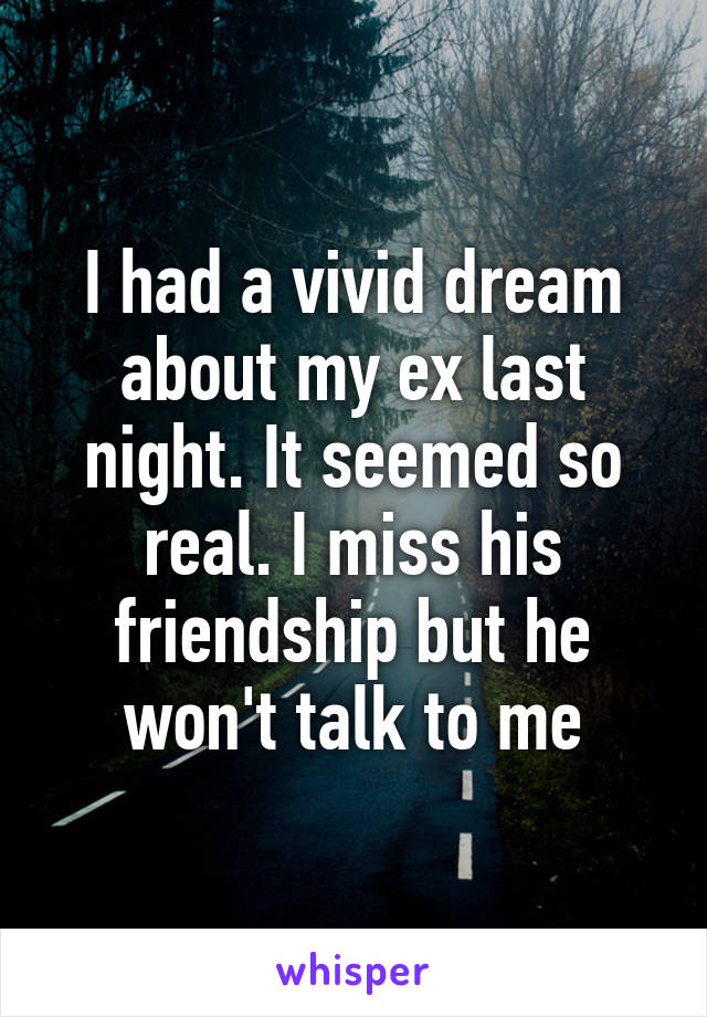 I had a vivid dream about my ex last night. It seemed so real. I miss his friendship but he won't talk to me