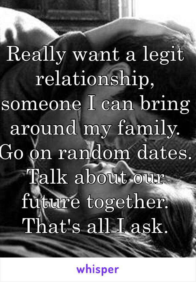 Really want a legit relationship, someone I can bring around my family. Go on random dates. Talk about our future together. That's all I ask. 