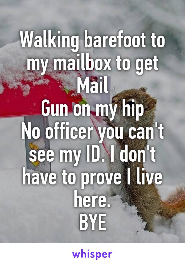 Walking barefoot to my mailbox to get Mail
Gun on my hip
No officer you can't see my ID. I don't have to prove I live here.
BYE