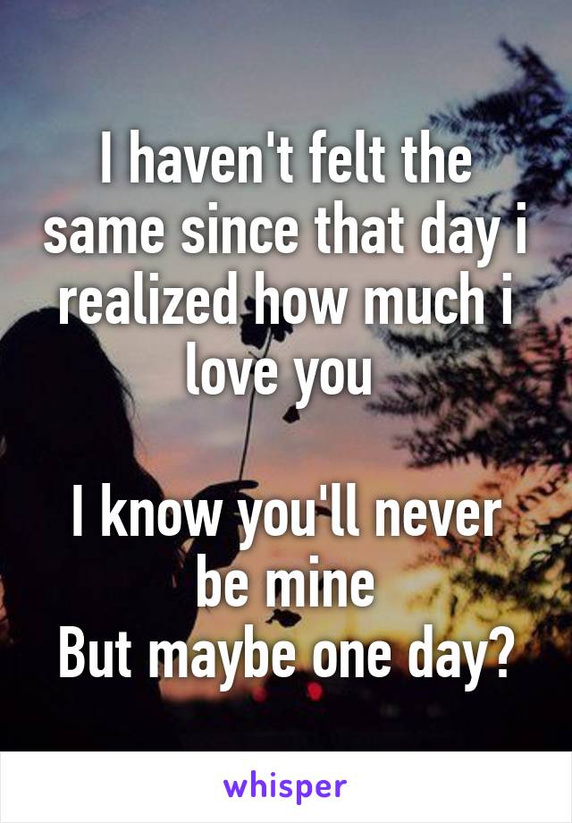 I haven't felt the same since that day i realized how much i love you 

I know you'll never be mine
But maybe one day?