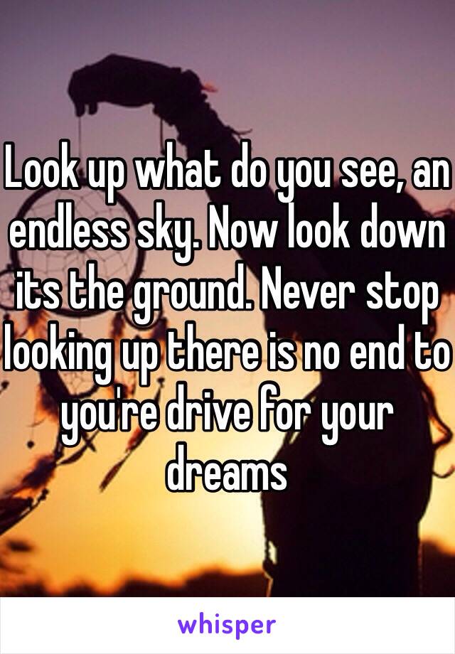 Look up what do you see, an endless sky. Now look down its the ground. Never stop looking up there is no end to you're drive for your dreams