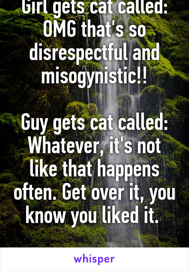 Girl gets cat called: OMG that's so disrespectful and misogynistic!!

Guy gets cat called: Whatever, it's not like that happens often. Get over it, you know you liked it. 

What. 