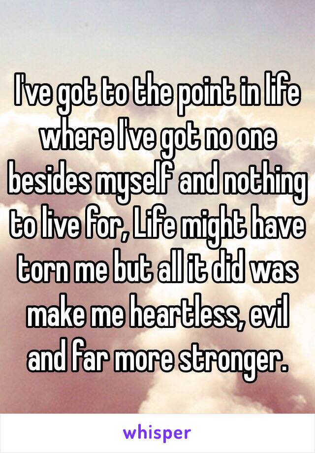 I've got to the point in life where I've got no one besides myself and nothing to live for, Life might have torn me but all it did was make me heartless, evil and far more stronger. 