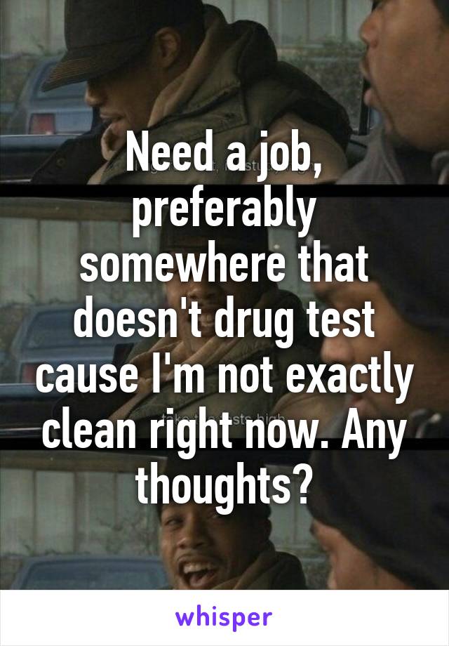 Need a job, preferably somewhere that doesn't drug test cause I'm not exactly clean right now. Any thoughts?