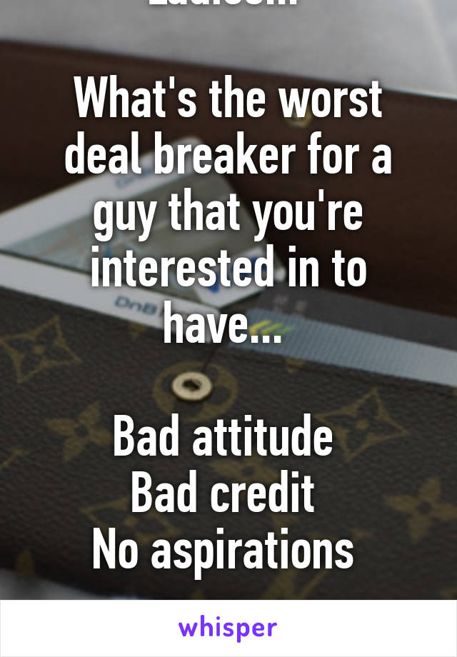 Ladies... 

What's the worst deal breaker for a guy that you're interested in to have... 

Bad attitude 
Bad credit 
No aspirations 

????? 