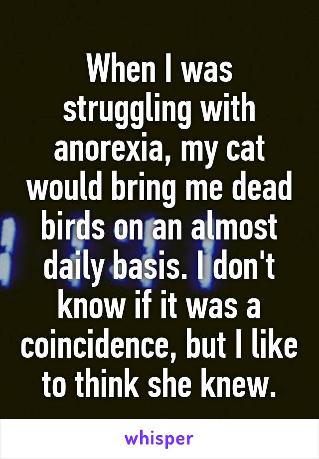 When I was struggling with anorexia, my cat would bring me dead birds on an almost daily basis. I don't know if it was a coincidence, but I like to think she knew.