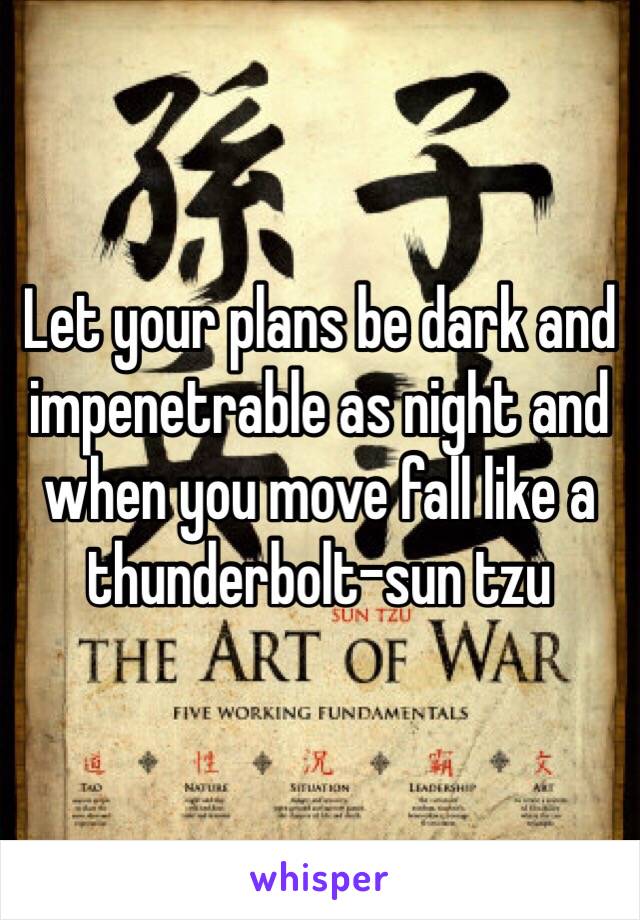 Let your plans be dark and impenetrable as night and when you move fall like a thunderbolt-sun tzu 