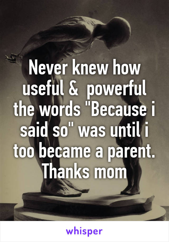 Never knew how useful &  powerful the words "Because i said so" was until i too became a parent. Thanks mom