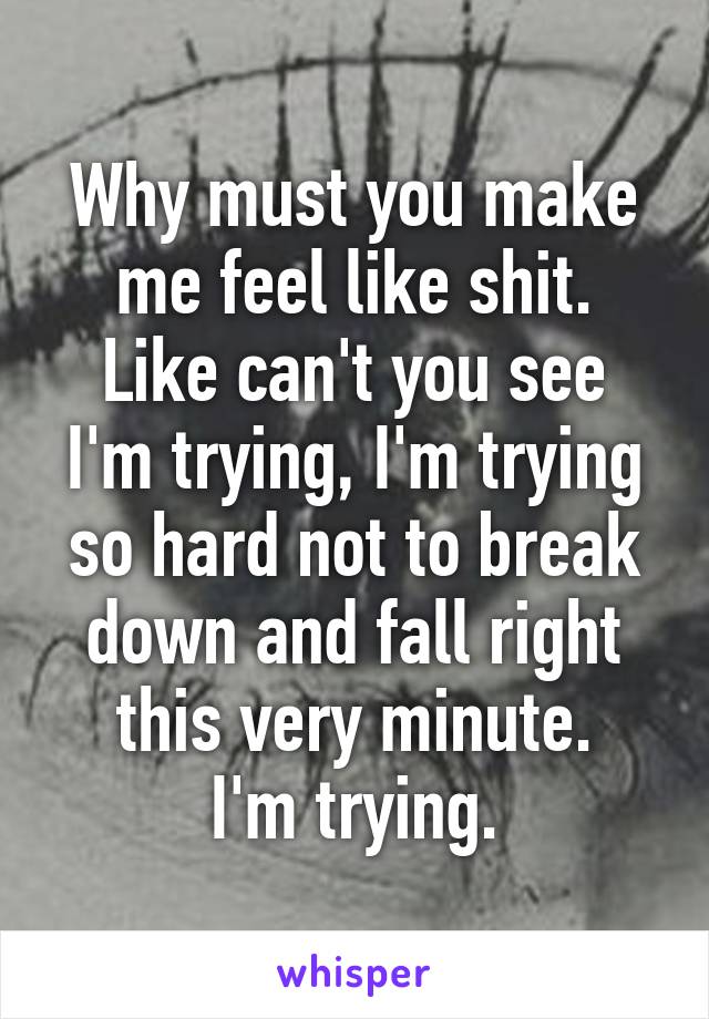 Why must you make me feel like shit.
Like can't you see I'm trying, I'm trying so hard not to break down and fall right this very minute.
I'm trying.