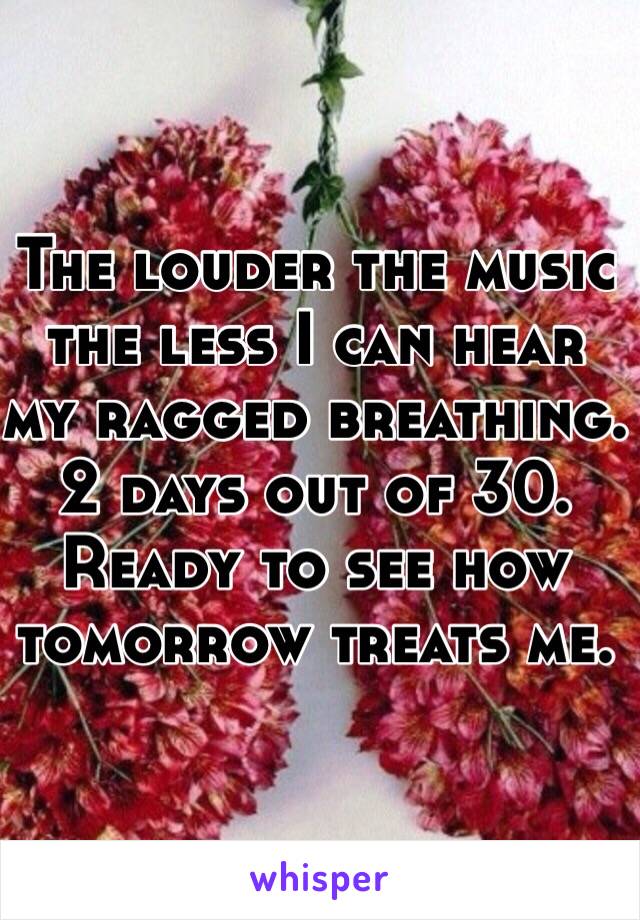 The louder the music the less I can hear my ragged breathing. 
2 days out of 30. 
Ready to see how tomorrow treats me. 