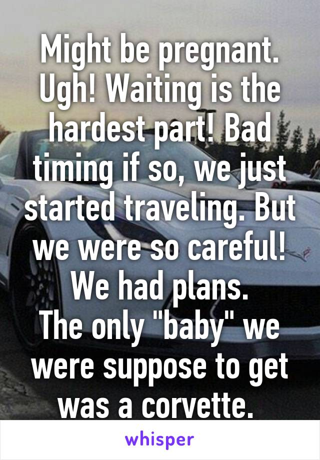 Might be pregnant.
Ugh! Waiting is the hardest part! Bad timing if so, we just started traveling. But we were so careful!
We had plans.
The only "baby" we were suppose to get was a corvette. 