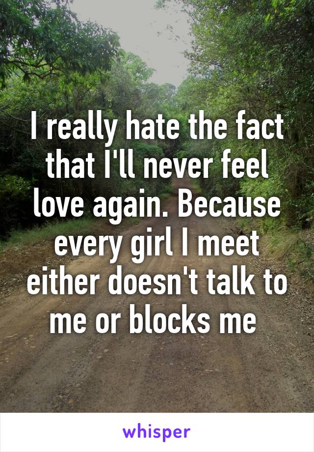 I really hate the fact that I'll never feel love again. Because every girl I meet either doesn't talk to me or blocks me 