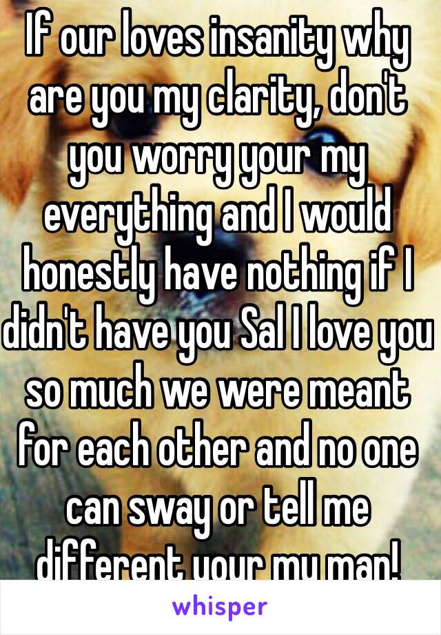 If our loves insanity why are you my clarity, don't you worry your my everything and I would honestly have nothing if I didn't have you Sal I love you so much we were meant for each other and no one can sway or tell me different your my man! 