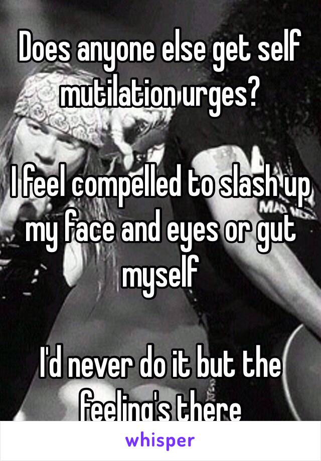 Does anyone else get self mutilation urges?

I feel compelled to slash up my face and eyes or gut myself

I'd never do it but the feeling's there