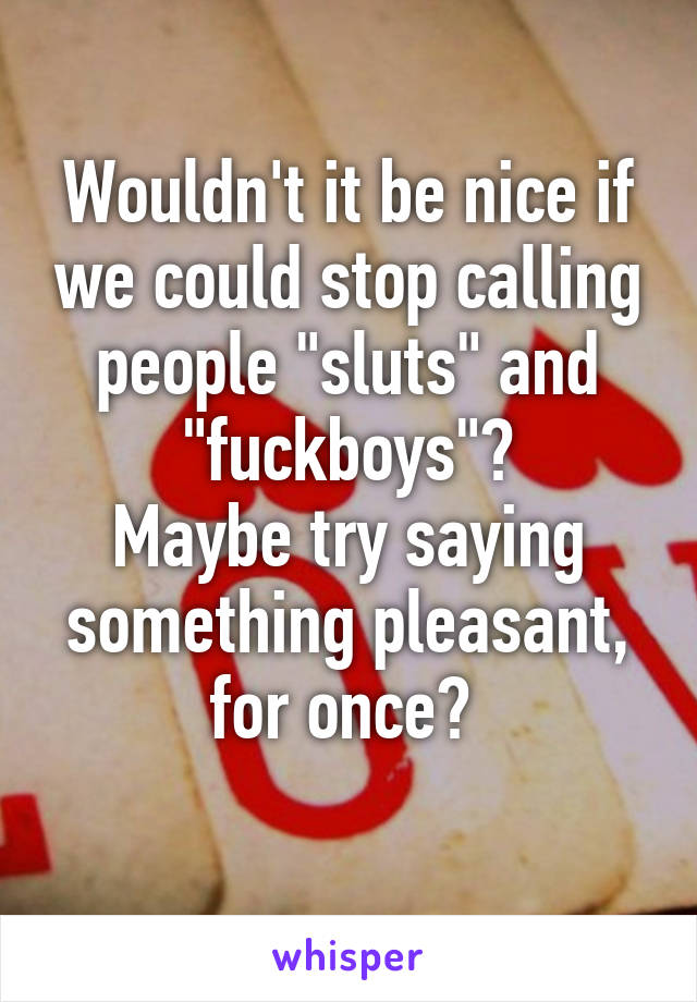 Wouldn't it be nice if we could stop calling people "sluts" and "fuckboys"?
Maybe try saying something pleasant, for once? 
