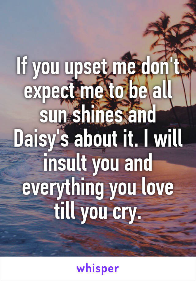 If you upset me don't expect me to be all sun shines and Daisy's about it. I will insult you and everything you love till you cry.