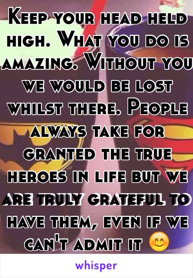 Keep your head held high. What you do is amazing. Without you we would be lost whilst there. People always take for granted the true heroes in life but we are truly grateful to have them, even if we can't admit it 😊