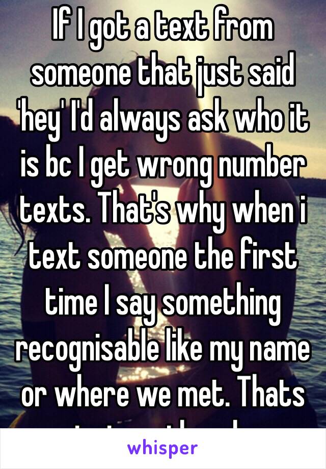 If I got a text from someone that just said 'hey' I'd always ask who it is bc I get wrong number texts. That's why when i text someone the first time I say something recognisable like my name or where we met. Thats just me though. 