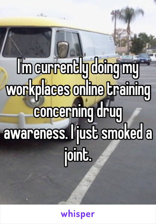 I'm currently doing my workplaces online training concerning drug awareness. I just smoked a joint. 