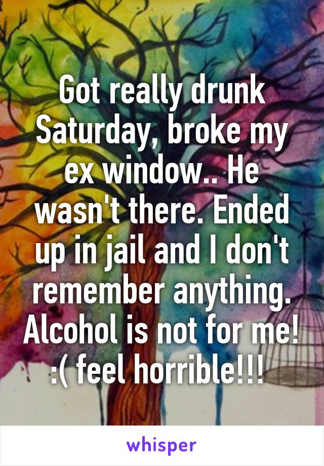 Got really drunk Saturday, broke my ex window.. He wasn't there. Ended up in jail and I don't remember anything. Alcohol is not for me! :( feel horrible!!! 