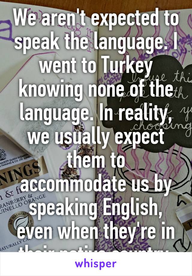 We aren't expected to speak the language. I went to Turkey knowing none of the language. In reality, we usually expect them to accommodate us by speaking English, even when they're in their native country.