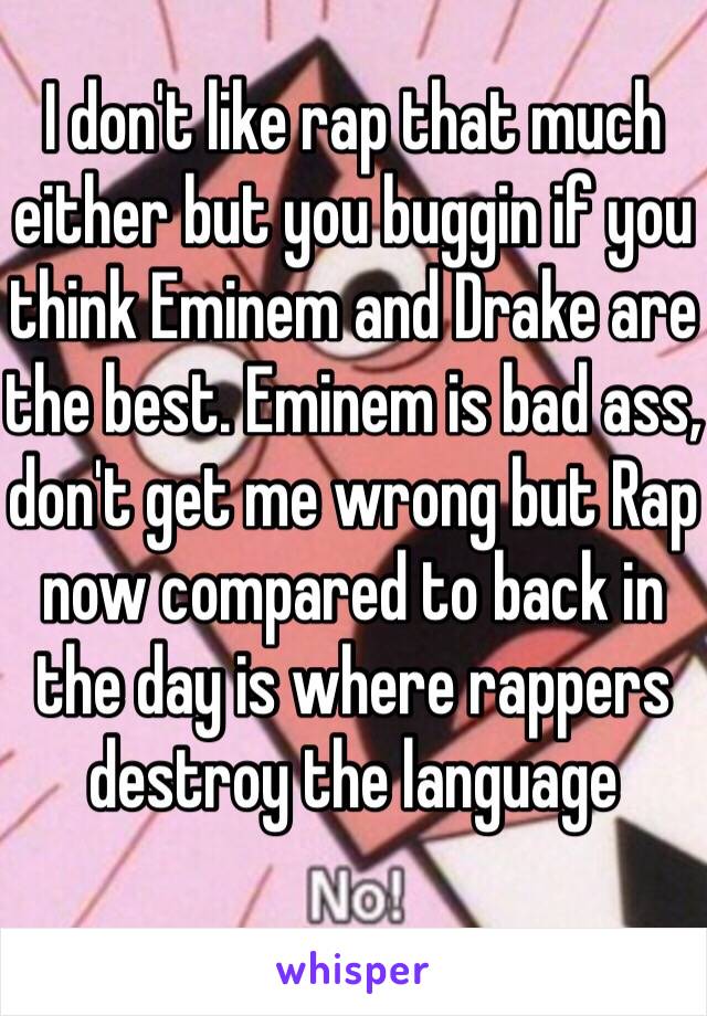 I don't like rap that much either but you buggin if you think Eminem and Drake are the best. Eminem is bad ass, don't get me wrong but Rap now compared to back in the day is where rappers destroy the language 