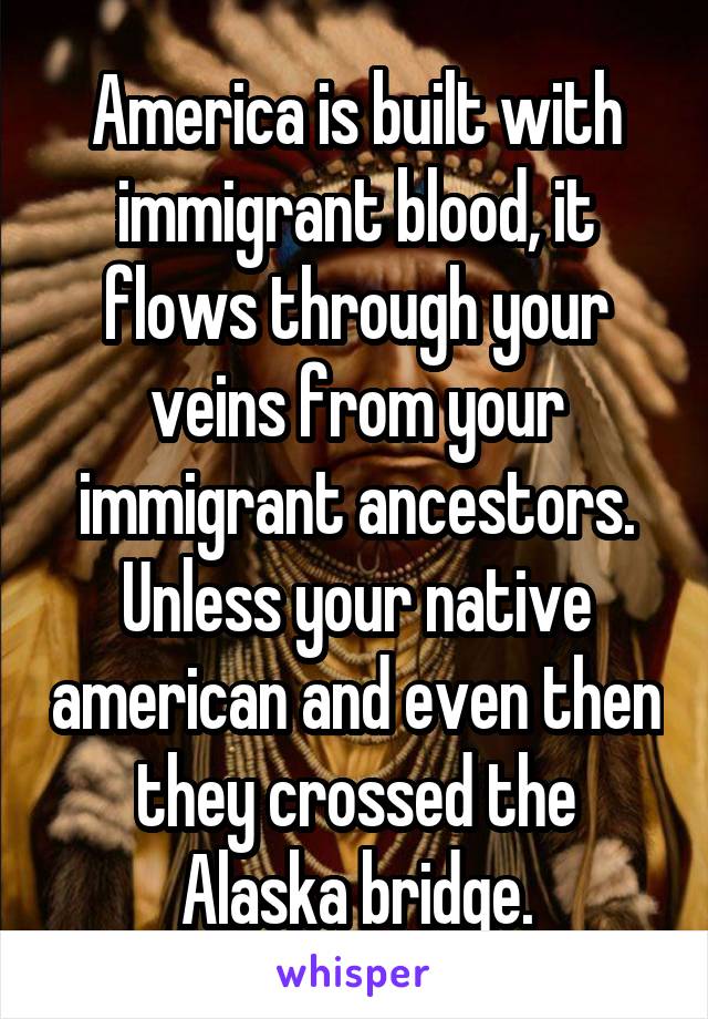 America is built with immigrant blood, it flows through your veins from your immigrant ancestors. Unless your native american and even then they crossed the Alaska bridge.