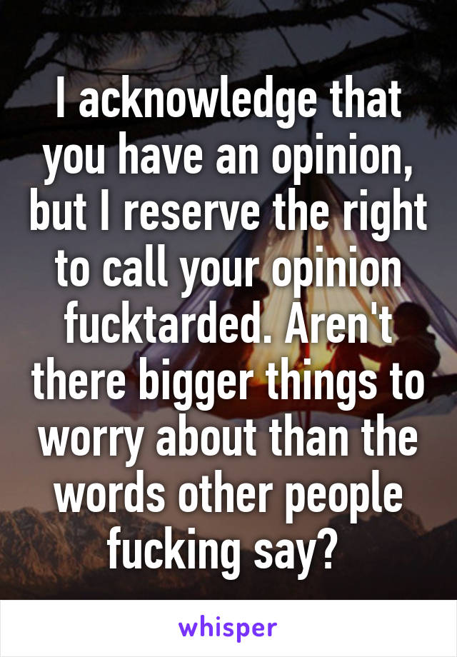 I acknowledge that you have an opinion, but I reserve the right to call your opinion fucktarded. Aren't there bigger things to worry about than the words other people fucking say? 