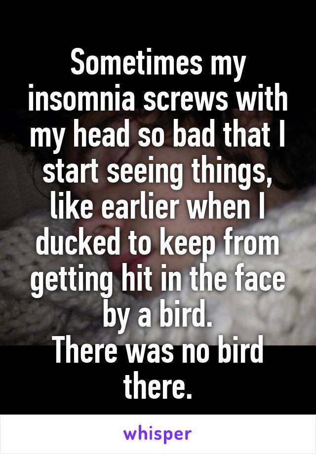 Sometimes my insomnia screws with my head so bad that I start seeing things, like earlier when I ducked to keep from getting hit in the face by a bird.
There was no bird there.