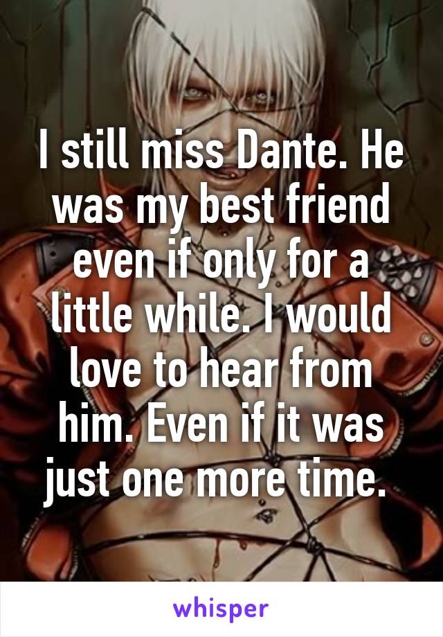 I still miss Dante. He was my best friend even if only for a little while. I would love to hear from him. Even if it was just one more time. 