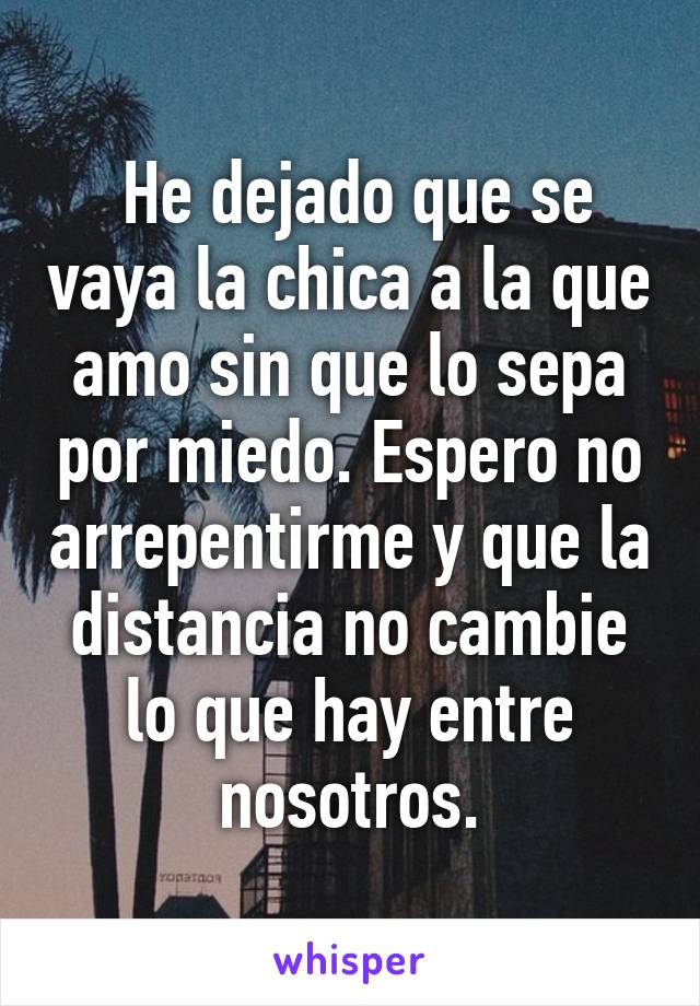  He dejado que se vaya la chica a la que amo sin que lo sepa por miedo. Espero no arrepentirme y que la distancia no cambie lo que hay entre nosotros.