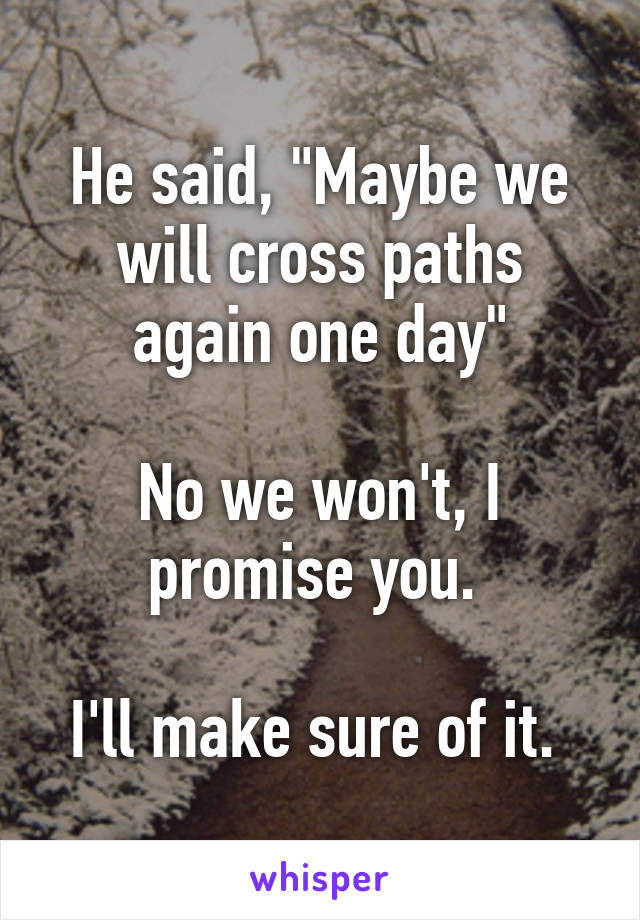 He said, "Maybe we will cross paths again one day"

No we won't, I promise you. 

I'll make sure of it. 