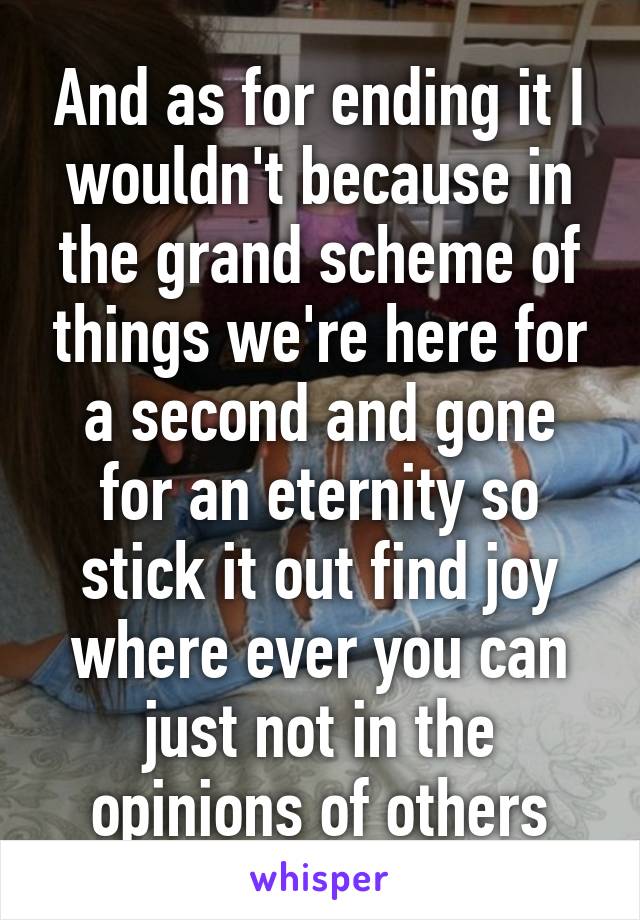 And as for ending it I wouldn't because in the grand scheme of things we're here for a second and gone for an eternity so stick it out find joy where ever you can just not in the opinions of others