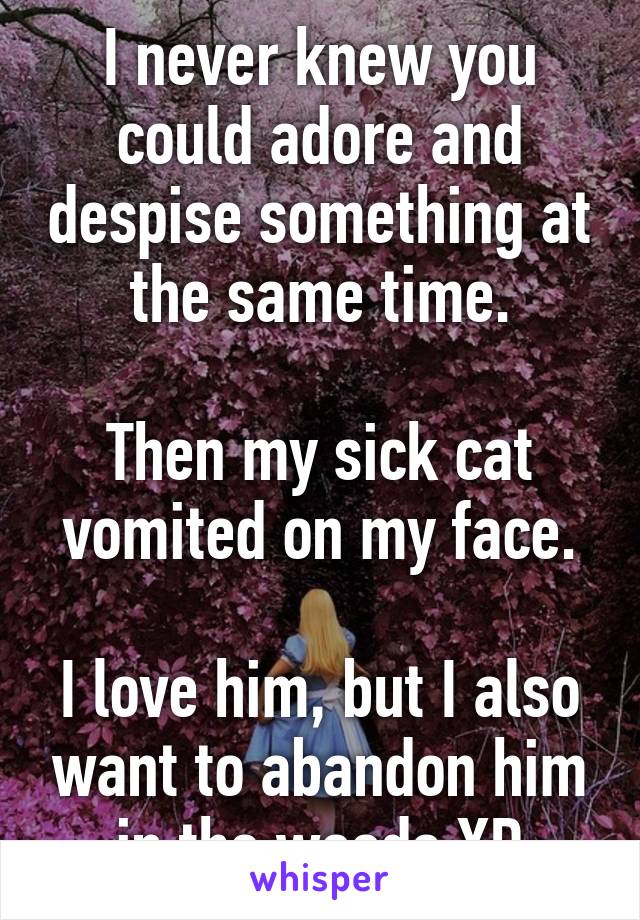 I never knew you could adore and despise something at the same time.

Then my sick cat vomited on my face.

I love him, but I also want to abandon him in the woods XD