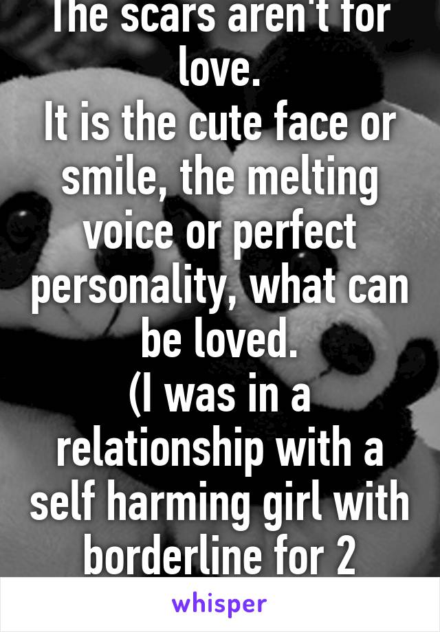 The scars aren't for love.
It is the cute face or smile, the melting voice or perfect personality, what can be loved.
(I was in a relationship with a self harming girl with borderline for 2 years)